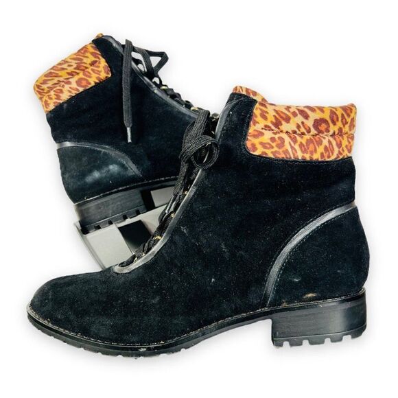Crown & Ivy June Black Suede / Leopard Ankle Boots Women's 8.5M - Picture 1 of 11
